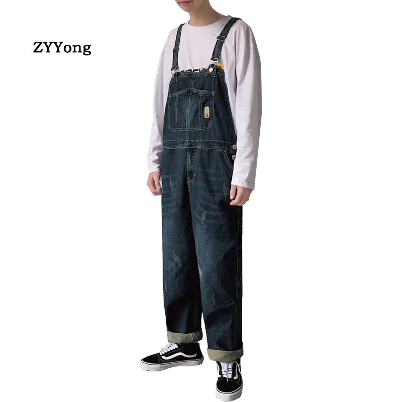 2021 High Quality Overalls Men's Loose Jeans Jumpsuits Big Pocket Hi Street Distressed Denim Bib Suspender Pants Blue Trousers