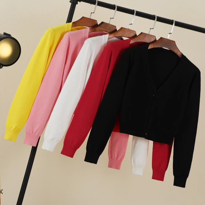 Black Cropped Knitted Sweater Clothing Knit Ladies Jersey Korean Style Blouses Long Sleeve Top Cardigan Female Sweaters Fashion