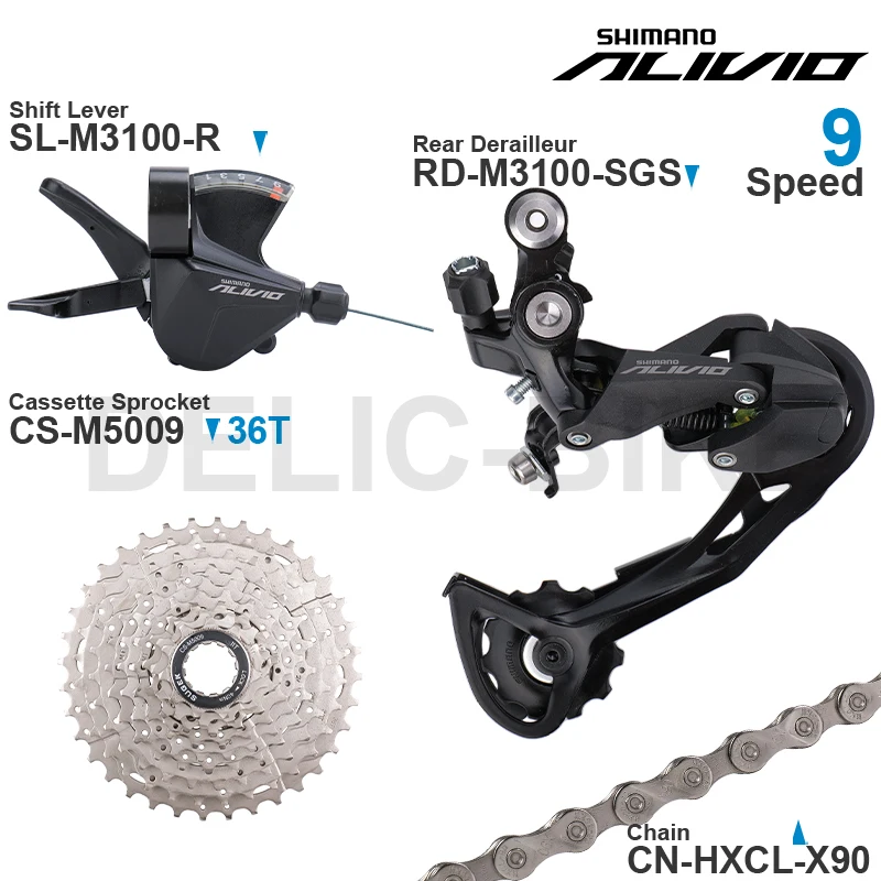 SHIMANO ALIVIO M3100 9Speed Groupset include M3100 Shifter Rear Derailleur and SUGEK Cassette Sprocket 36/42/46T X90 Chain Parts