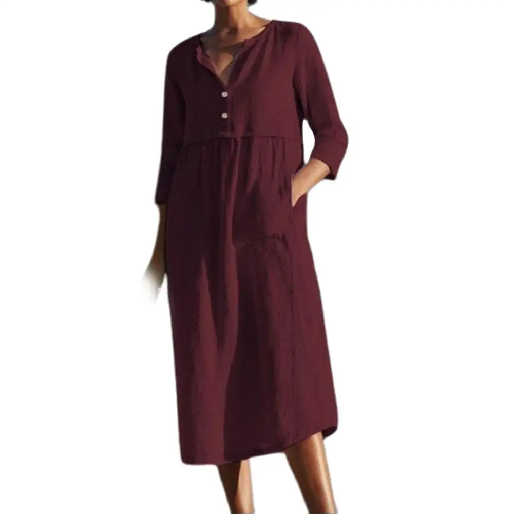 robe grande taille femme Robe mi-longue en coton et lin pour femmes, tenue décontractée, couleur unie, demi-manches, poches à boutons, ample, grande taille, été, 2021