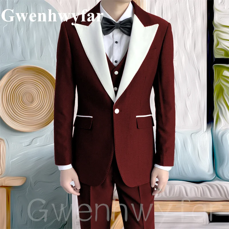 

Gwenhwyfar New Men's Fashion Suit 2022 Peak Lapels Slim Fit Coat Wedding Groom 3-piece Casual Wine Red Tuxedo