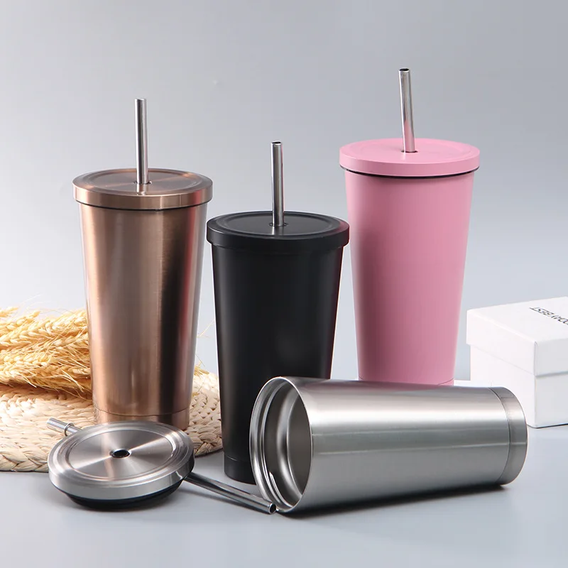 

Straw Water Bottle Cup Flask Double Layer Vacuum Metal Stainless Steel Cup With Lid And Drinking Utensils Sports Travel Tool