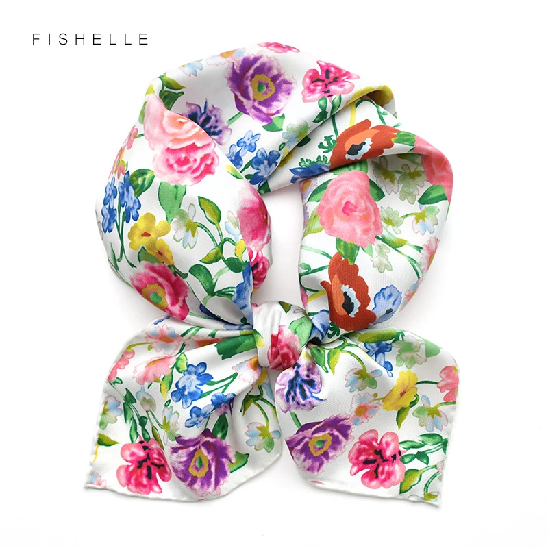 

Fashion hijab pure twill silk scarf for women printing flower 65cm square bandana foulard ladies hair scarves headscarf warp