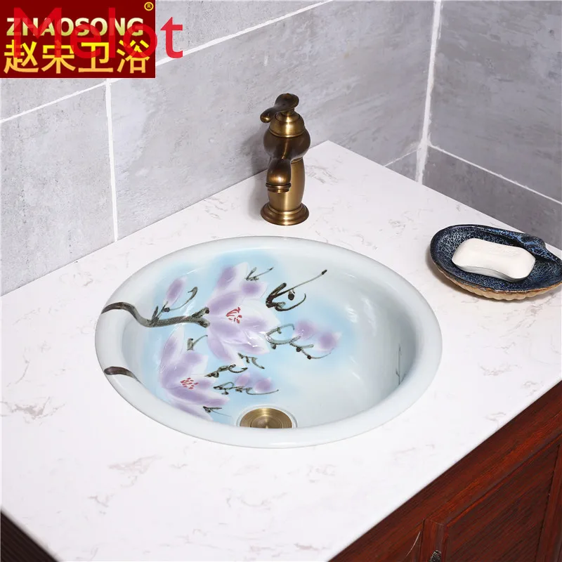 European-Style Ceramic Semi-Embedded Wash Basin Household round Table Basin Bathroom Washbasin Creative Idyllic Style