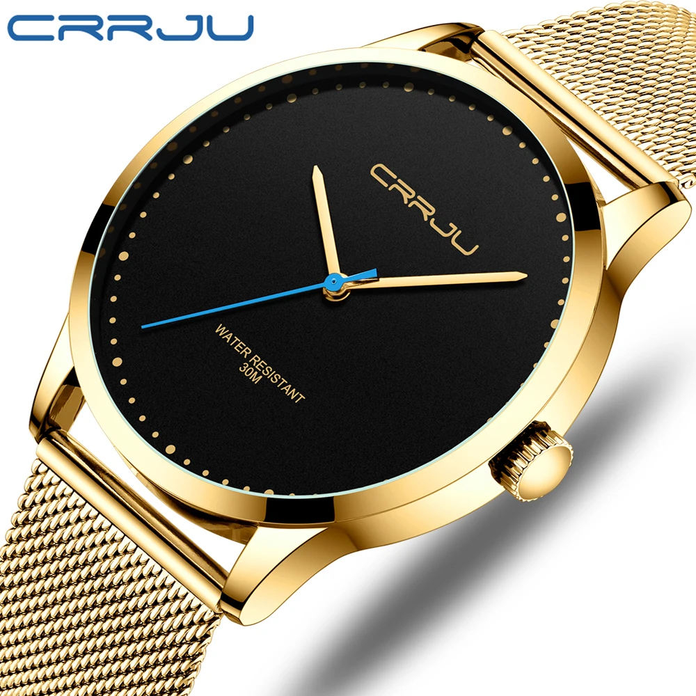 

Relogio Masculino CRRJU Watch for Men Casual Golden Black Quartz Watches Minimalist Sport Watches Mens Mesh Waterproof Watch