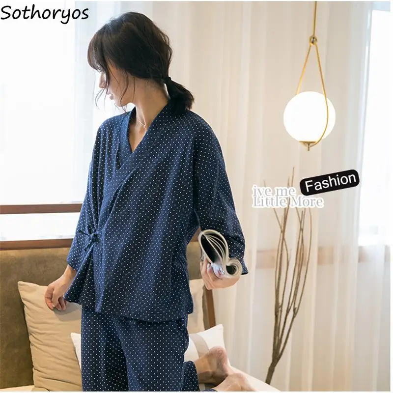 

Women Pajama Sets Long Sleeve Loose Summer Breathable Japanese Style Polka Dot Loungewear Kimono Pyjamas Sleepwear Leisure Retro