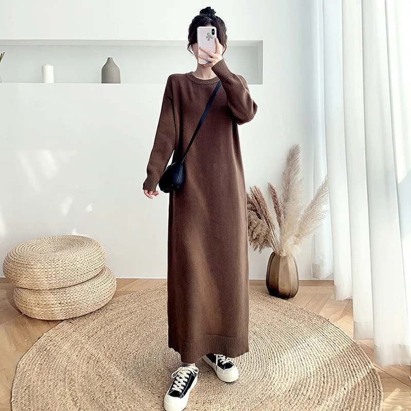 Thick Long Sleeve Knitted Dress Women Korean Fashion Maxi Vestidos Loose Plus Size 80kg Robes Casual Straight Sweater Dresses