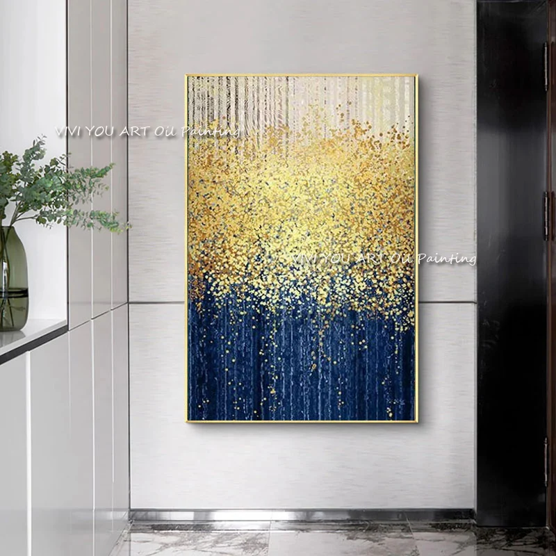 The 100%Hand-painted Yellow Fall Abstract Modern Thick Oil Paintings Canvas Textured Golden Point Blingbling Star Wall Art