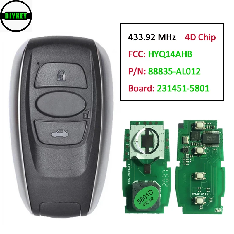 DIYKEY 231451-5801 Smart Remote Key FSK 433.92MHz for Subaru BRZ Forester Impreza Legacy WRX XV 2014 - 2017 Fob FCC: HYQ14AHB