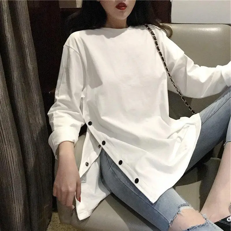 

Single Breasted Side Slit Solid Oversized Harajuku Summer Long Sleeve Women T Shirts Korean Fashion Streetwear Tunic 2022 Tops