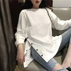 Single Breasted Side Slit Solid Oversized Harajuku Summer Long Sleeve Women T Shirts Korean Fashion Streetwear Tunic 2022 Tops
