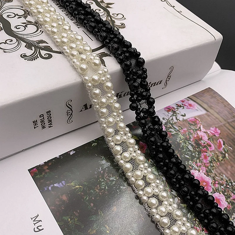 5.8Yards/Piece White Pearl Beads Trim Rhinestone Tape Decoration Lace Ribbon Crystal Appliques for Clothes Shoes Making