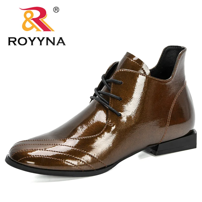 ROYYNA 2020 New Designers Ankle Boots Women Winter Single Shoes Low-heeled Patent Leather Round Toe Fashion Woman High Top Shoes