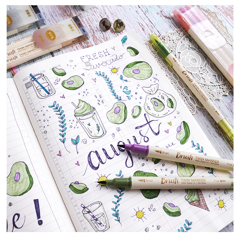 3 pezzi Set di pennelli per calligrafia a colori retrò fai da te Scrapbooking artigianato punta morbida doppio lato Fine Liner Art Lettering pennarelli da disegno