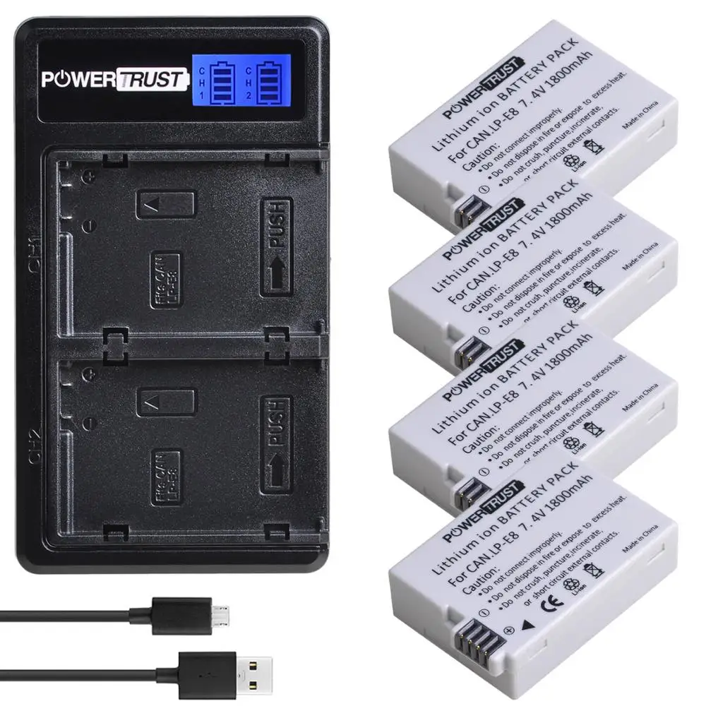 Cargador y baterías de LP-E8 de 1800mAh para Canon LP E8, Compatible con Canon EOS Rebel T3i T4i T5i EOS 600D 650D 700D Kiss X4 X6