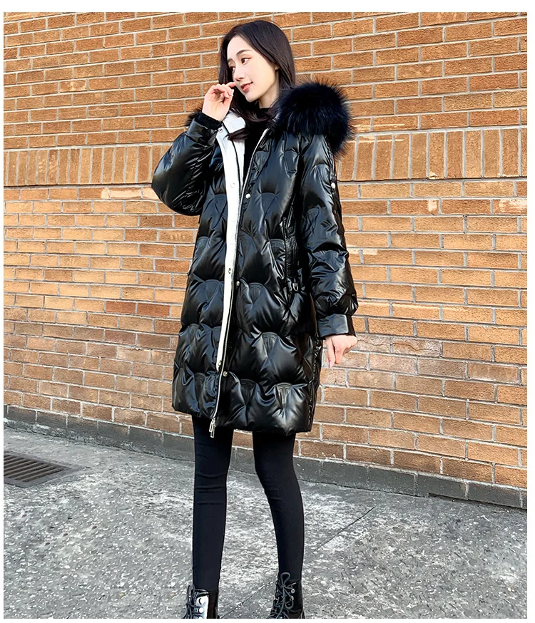 Glossy golden down warm Parkas coat winter fashion brand thick warm down jacket female big fur collar long down jacket F857