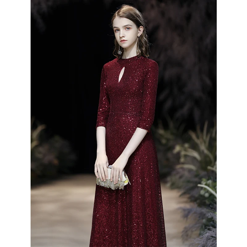 wei yin AE0362 2023 O Neck 3/4 Sleeves Sequin Mermaid Evening Dresses Long Formal Dress Wine Red Evening Party Dresses