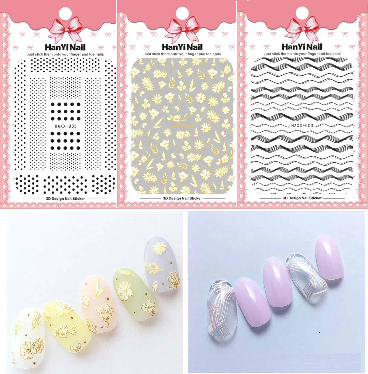 

Japanese style nail sticker summer flowers 3D wave point lines black white colors ultra thin slider nail foil HY006