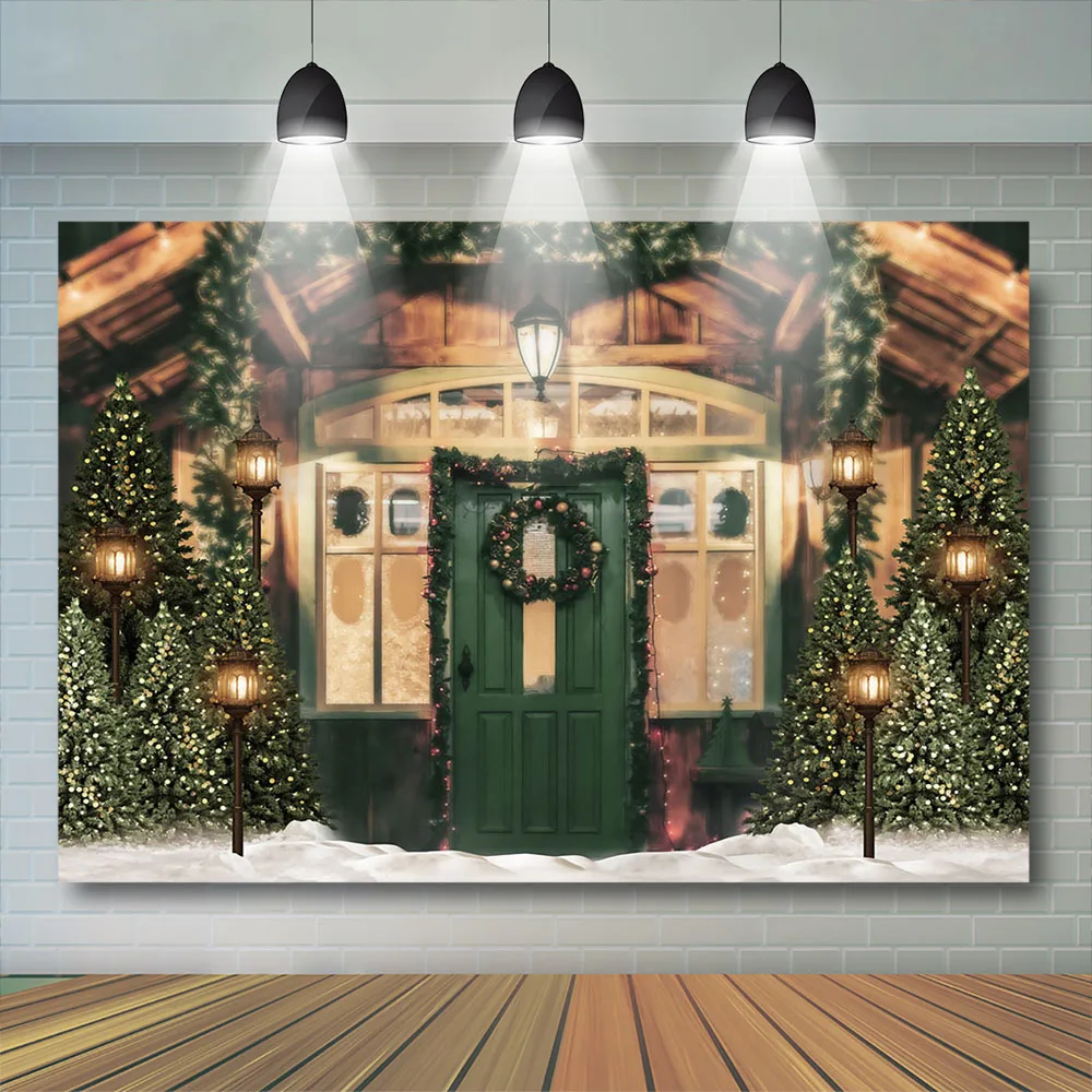 우드 하우스 크리스마스 어린이 사진 배경, 크리스마스 트리 눈 장면 장식 녹색 문 가로등 배경 포토스튜디오