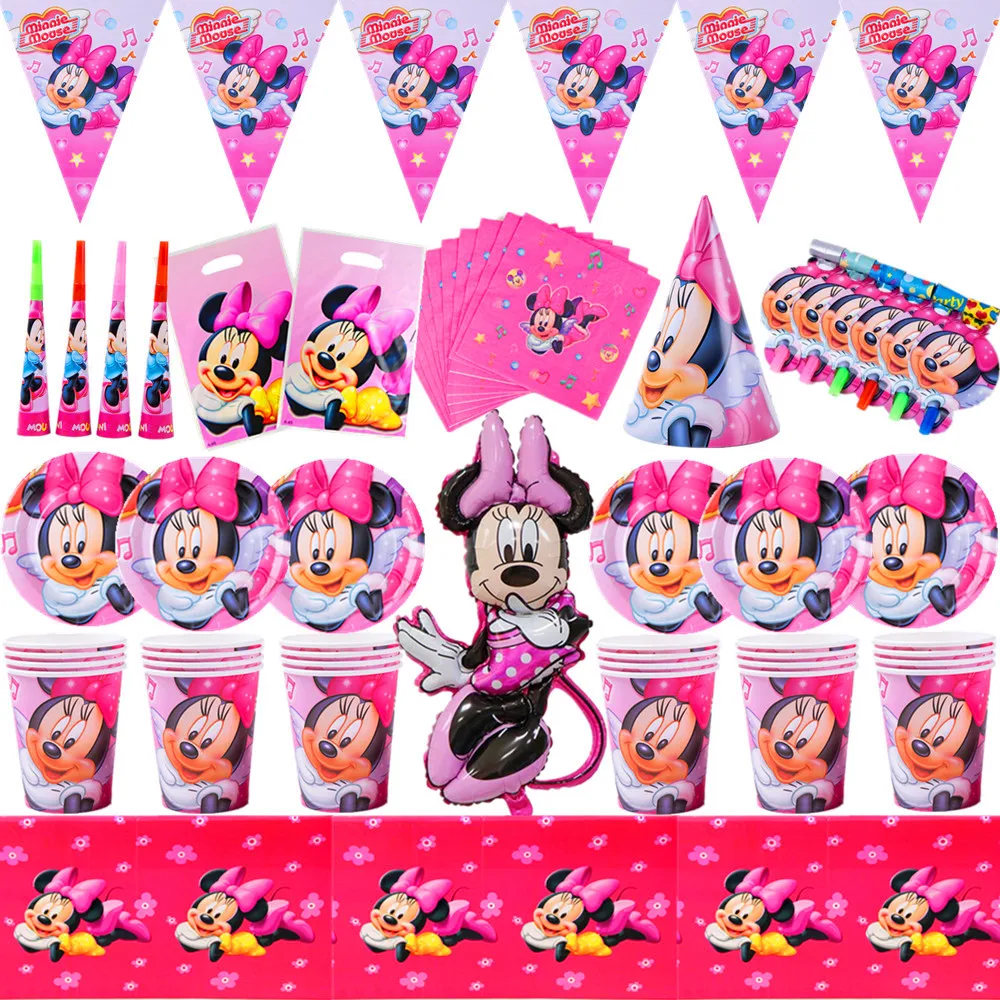 Disney Pink Minnie zaopatrzenie imprez z motywem myszki papierowe kubki i talerze czapki słomki torby na prezenty dla dzieci dziewczyna urodziny wystrój Baby Shower