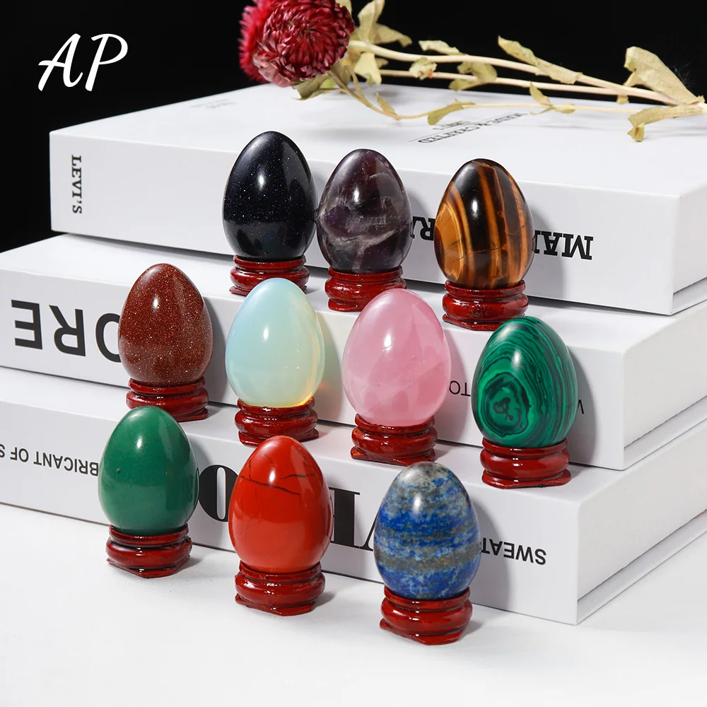 

Natural Amethyst Egg Shape Ornament Rose Quartz Oval Handicraft Energy Gem with Wood Base Health Decoration