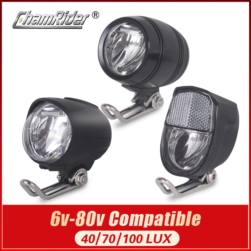 Universal Bicycle Headlight, Electric Front Light, Headlamp, E-Bike, 6V-80V, 24V, 36V, 48V, 1W, 2W, 3W, 40, 70, 100 LUX