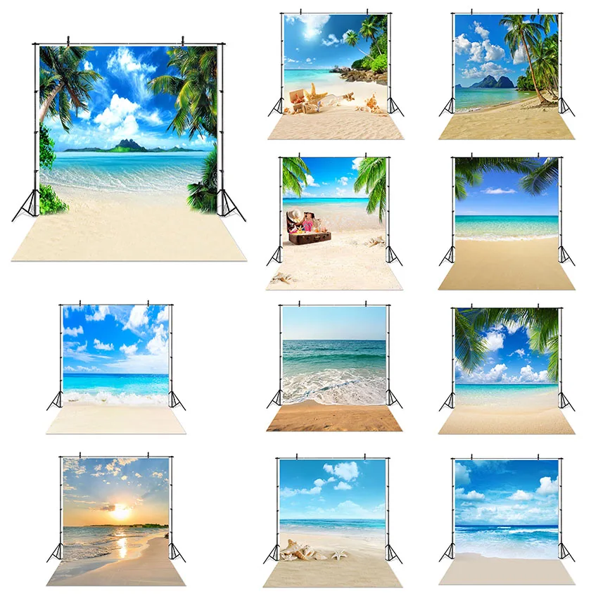 Sea Beach Sand Cloudy Blue Sky Scene Summer Beach Photography Backdrop for Photo Studio Tropical Palms Coconut Tree Background