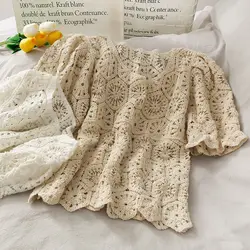 Short-sleeved lace pullover women's knitted summer new Korean round neck wild hollow crochet temperament sweet