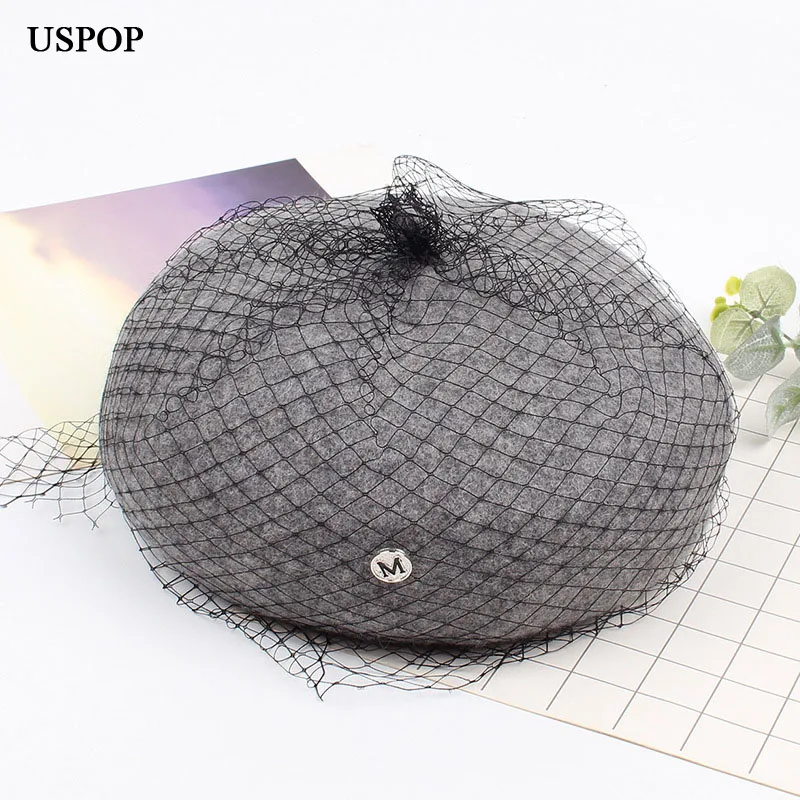 USPOP  women wool berets female thick winter hats letter M mesh yarn beret solid color vintage warm has