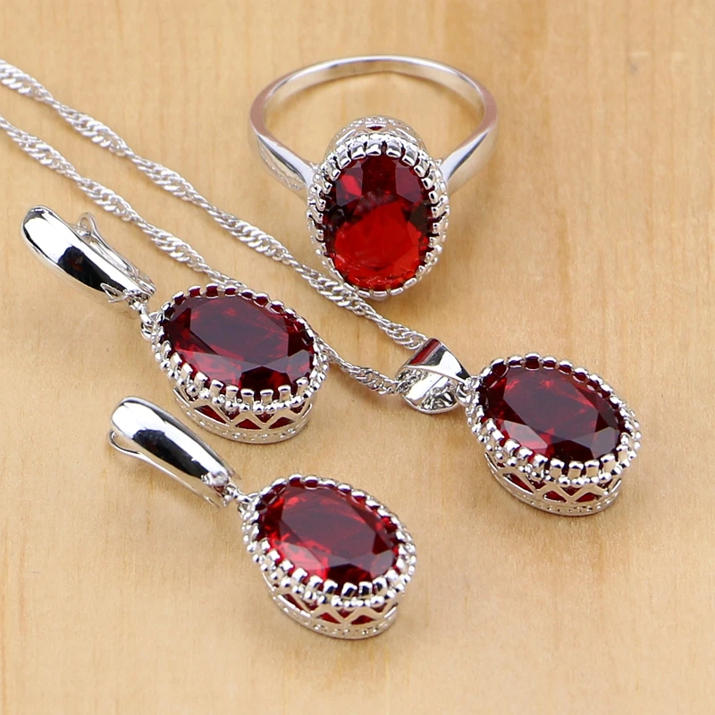 Mystic Red Zircon 925 Sterling Silver Jewelry Sets For Women Wedding Accessories Earrings/Pendant/Necklace/Rings