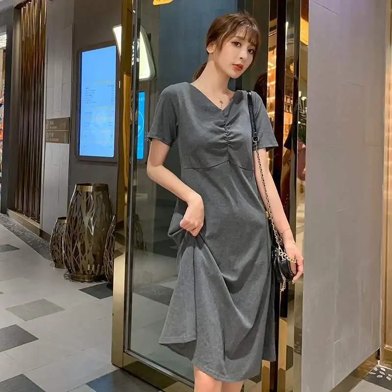 

Dress women's summer long skirt 2021 new fashion loose and thin medium length over knee V-neck open back skirt