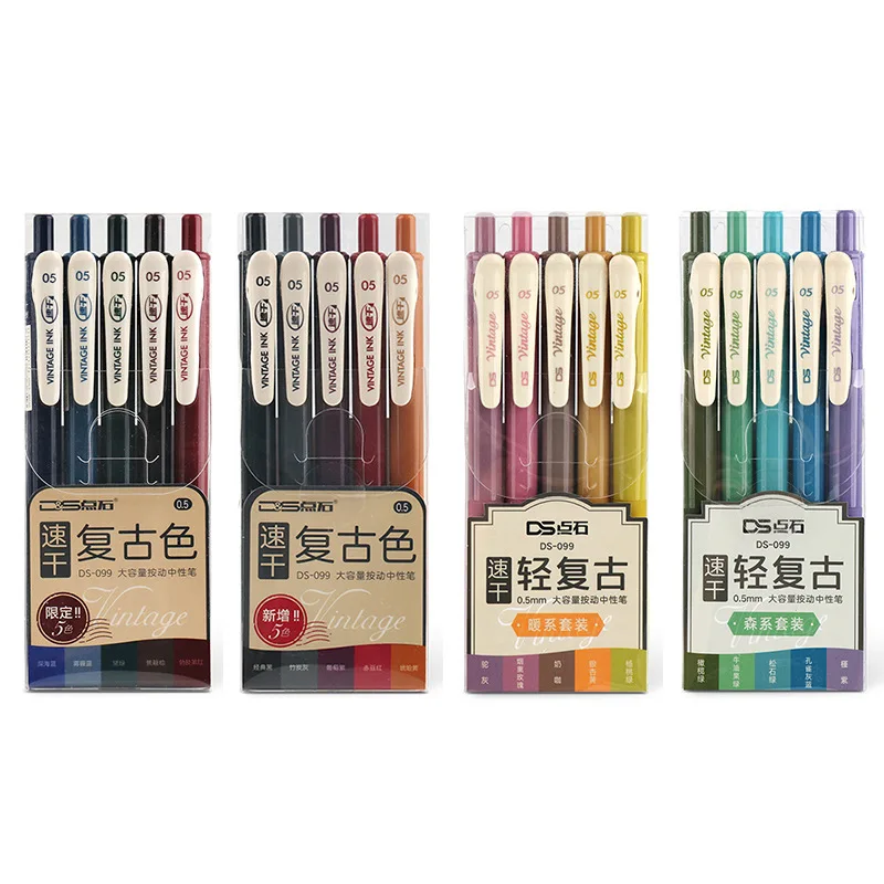 5pcs Vintage Color Ink Pens Set Quick-dry Highlight Writing 0.5mm Ballpoint Pen Diary Drawing Marker Liner Art DIY School F655