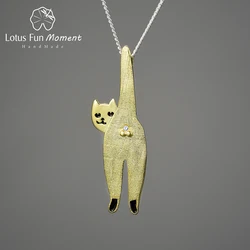 Lotus Fun Moment 18K Gold Long Naughty Kitten Cat Pendant 925 Sterling Silver Chains and Necklaces for Women Fashion Jewelry