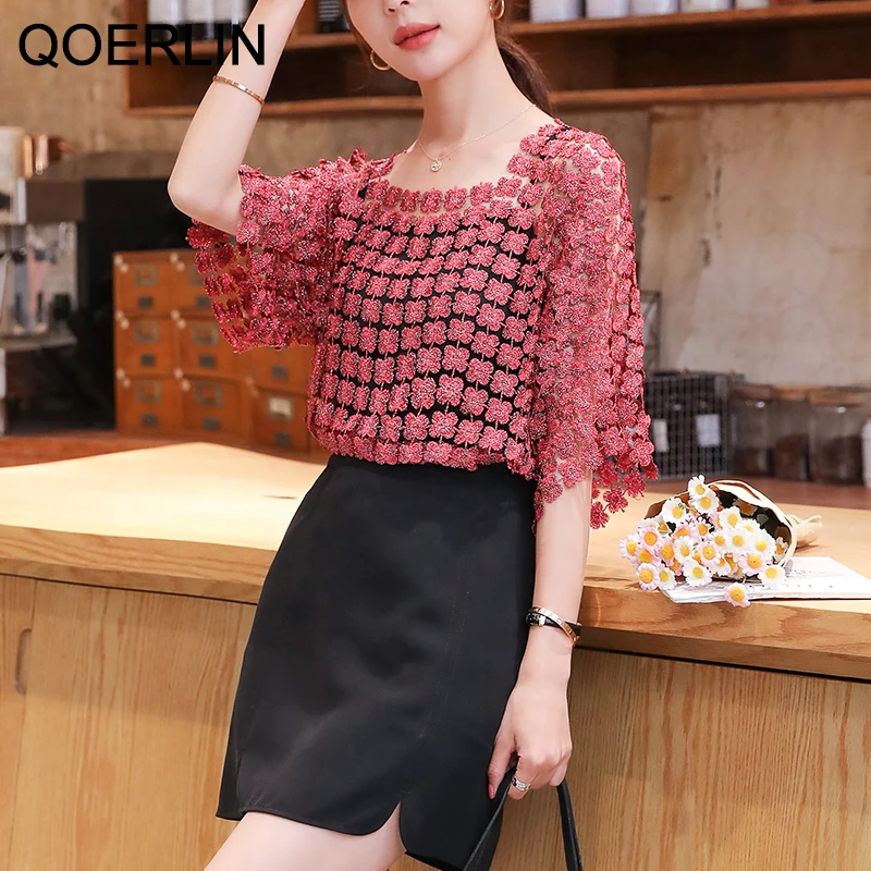 QOERLIN 2 Pieces Embroidered Chiffon Shirt Summer Suspender Top Two Piece Lace Hollow Mesh Top Sexy Temperament Pullover Blouse