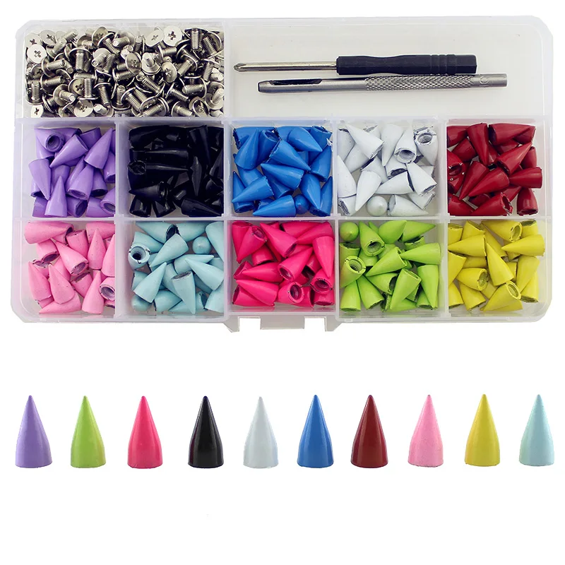 200sets 7*14mm Colorful Painted Cone Studs and Spikes For Clothes DIY Garment Rivets For Leather Handcraft Remachadora