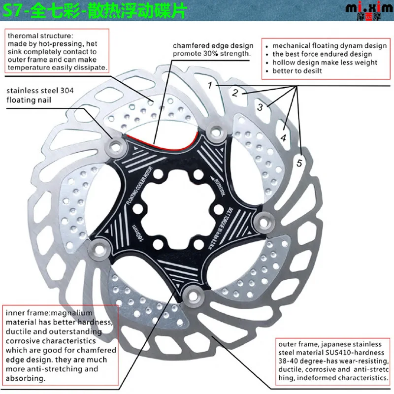 2020 New rainbow MTB Mountain Bike Cooling Brake Rotors Road Floating Bicycle Brake Six Nail Disc 140/160/180/203mm