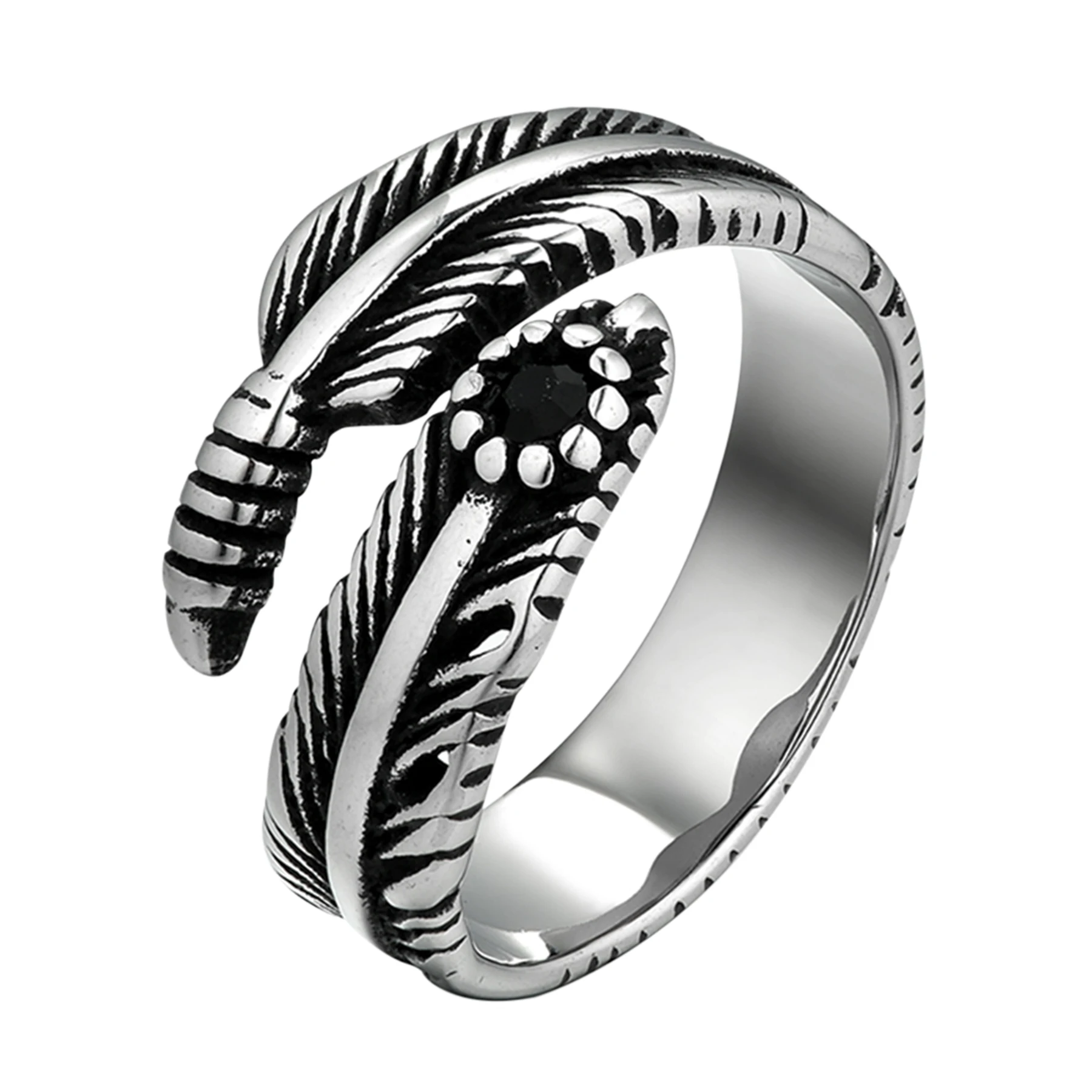 BONISKISS Retro High-quality Vintage Stainless Steel Silver Color Feather Rings Adjustable Opening Statement Antique Ring