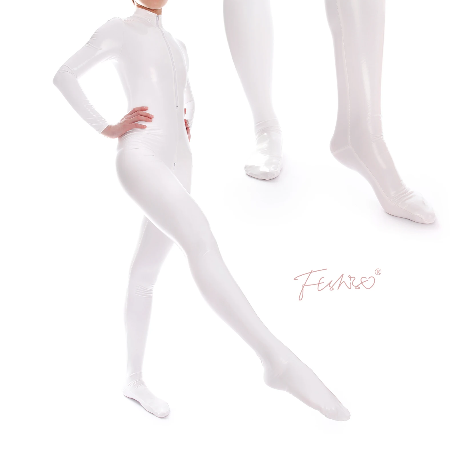 Ftshist Sexy Patent Leder Catsuits Öffnen Gabelung Shiny Fullbody Zentai Zipper Einteiliges Langarm Jumpuits Fetisch Haut Strumpfhosen