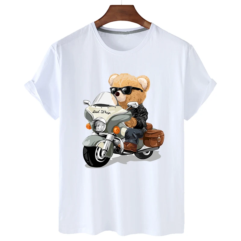 100% Cotton Sunglasses Motorcycle Bear O-neck Loose Short-sleeved T-shirt Women Summer Short-sleeved Plus Size T-shirt Unisex