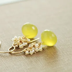 Yellow Gemstone Pearl Earrings Aquamarine Earrings Silver Pearls Earrings