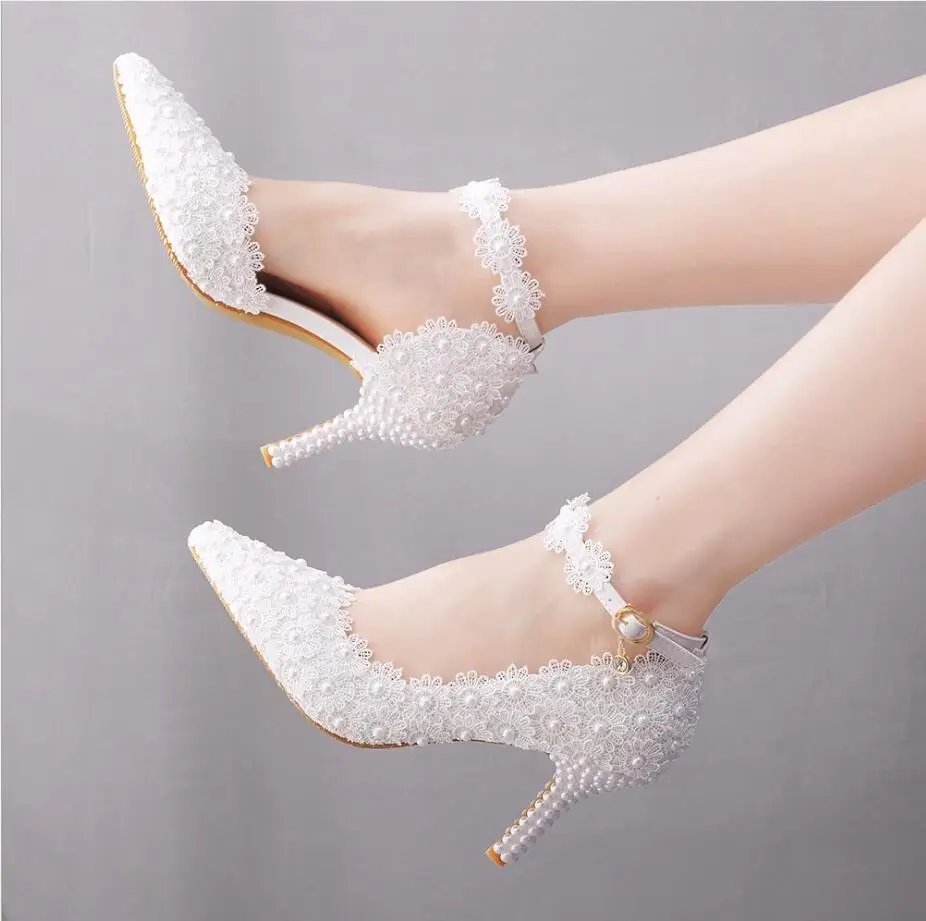 White lace heels wedding shoes bridal party shoes women\'s high heel shoes bridal shoes plus size 34-41