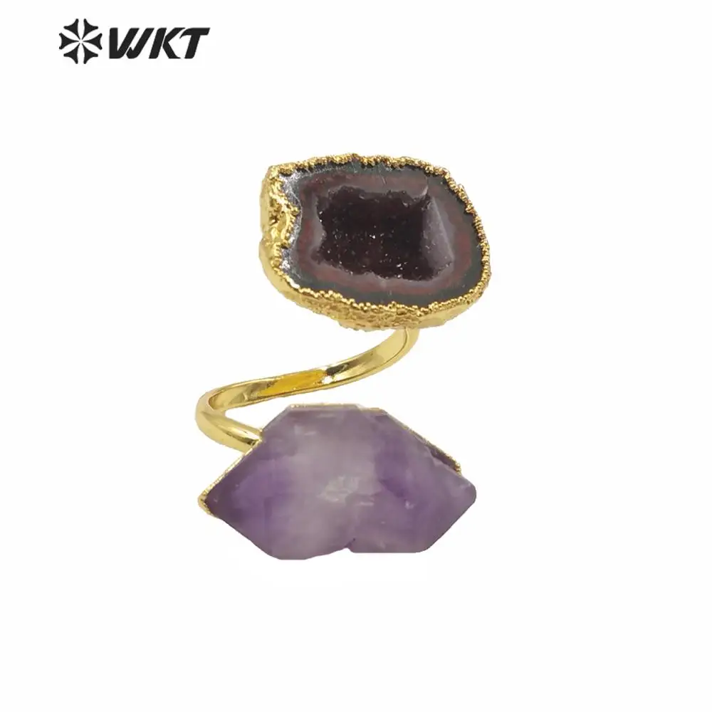 WT-R360 WKT Gorgeous Natural Geode Agate Amethyst  Gold Electroplate Double Stone Ring For Women As Wedding Gift