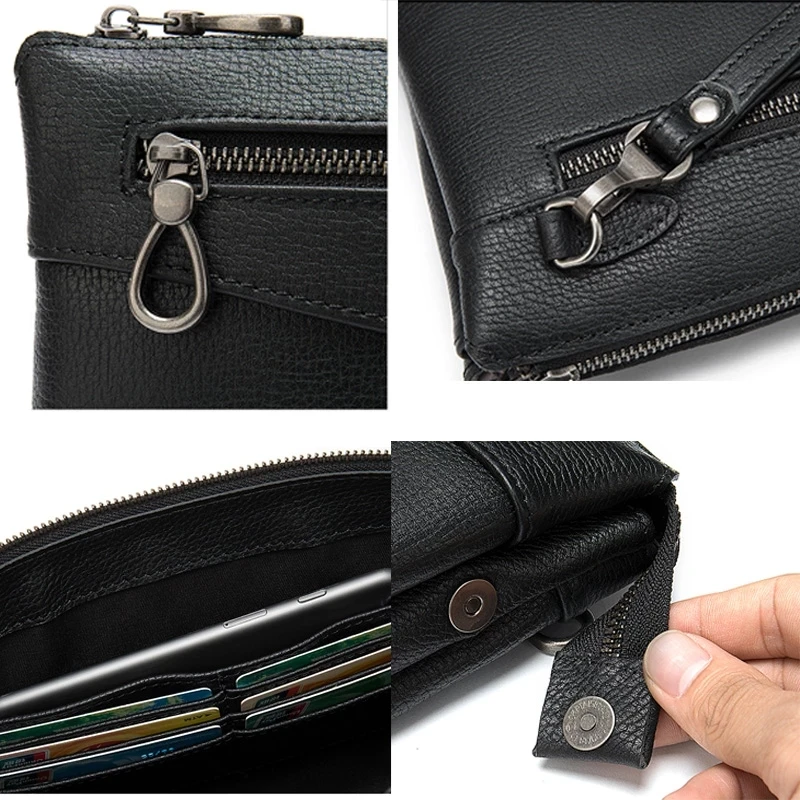 Luufan Top Grade Genuine Leather Men Clutch Wallet Fit 7.9" iPad Soft Leather Hand Purse Zipper Male Business Clutch Bag Black