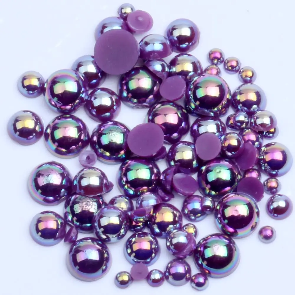 Resin Half Round Pearls Beads 2-12mm And Mixed Sizes Purple AB Non Hotfix Glue On Gem DIY Glitter Craft Embellishment