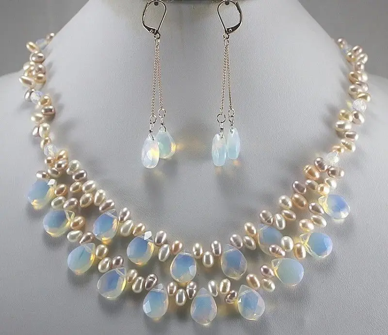 Hot sale Big Sale! Fashion Light Blue Fire Opal and Fresh Water Pearl Necklace Set