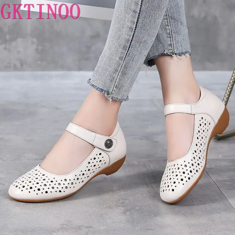 GKTINOO Genuine Leather Ladies Flat Summer Shoes Woman Slip On Casual Loafers Hollow Out Round Toe Soft Comfort Sandals Female