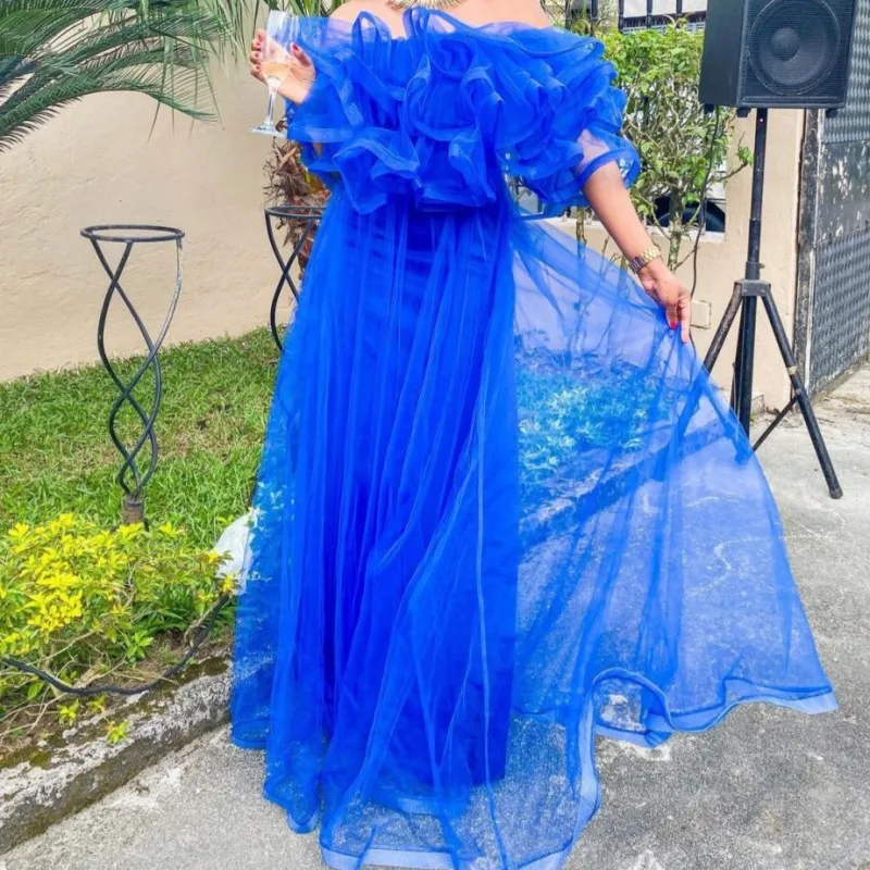 Royal Blue Off The Shoulder Tulle Robe De Soiree Ruffles Women Photo Shoot Dress Floor Length Formal Wear Party Gowns