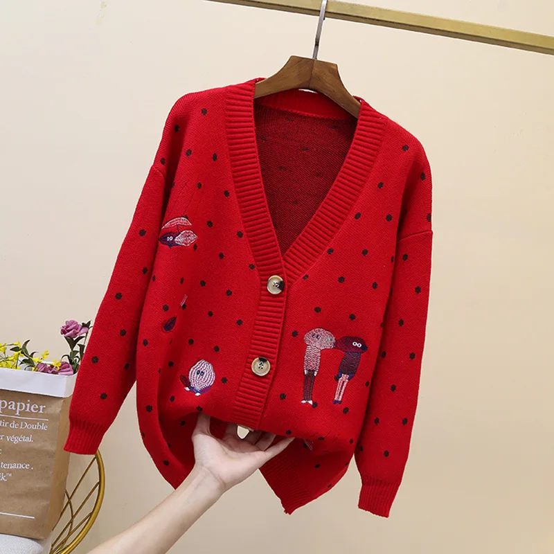 2024 Dot Cartoon Knitwear Cardigan female V Neck Long Sleeve Knit Pull femme Harajuku Sweater cardigan autumn cardigan tops