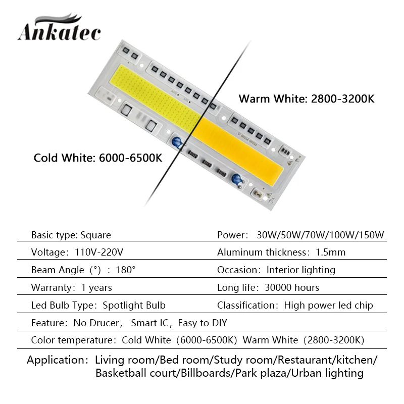 LED COB Chip 30W 50W 70W 100W 150W AC 220V 110V LED Lamp IP65 Smart IC for LED Flood Light Warm White Cold White Floodlight