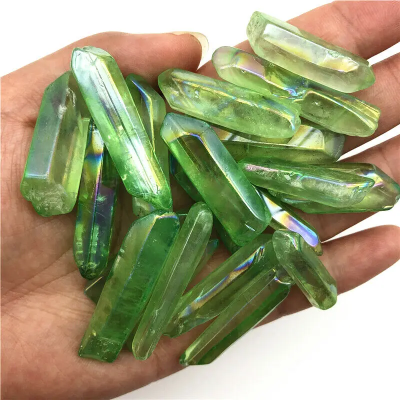 Wholesale 50g Electroplated Green Titanium Aura Lemurian Crystal Wand Point Healing Crystal Stone Decor Natural Quartz Crystals